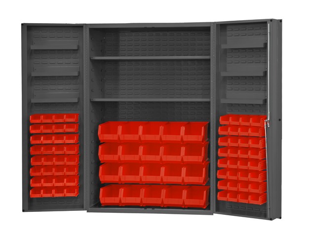 14 Gauge Lockable Cabinet With 72 Red Hook On Bins & 4 Adjustable Shelves & 6 Door Shelves, Gray - 48 X 24 X 72 In.