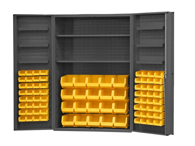 14 Gauge Lockable Cabinet With 84 Yellow Hook On Bins & 2 Adjustable Shelves & 6 Door Shelves, Gray - 48 X 24 X 72 In.