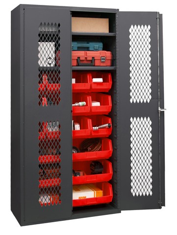 14 Gauge Flush Door Style Lockable Shelf Cabinet With 18 Red Hook On Bins & 2 Adjustable Shelves, Gray - 36 In.