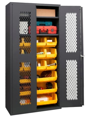 14 Gauge Flush Door Style Lockable Shelf Cabinet With 18 Yellow Hook On Bins & 2 Adjustable Shelves, Gray - 36 In.