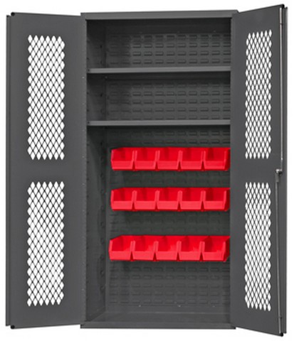 14 Gauge Lockable Ventilated Clearview Cabinet With 15 Red Hook On Bins & 2 Adjustable Shelves, Gray - 36 In.