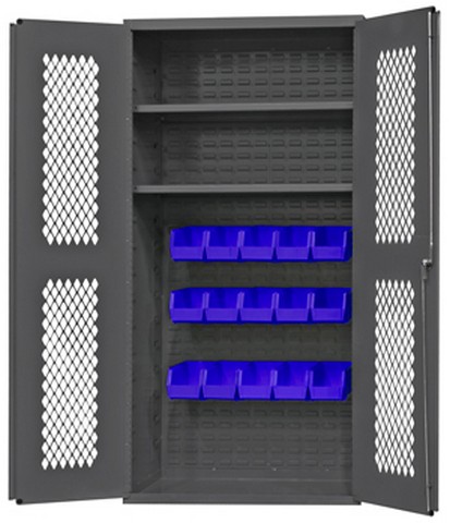14 Gauge Lockable Ventilated Clearview Cabinet With 15 Blue Hook On Bins & 2 Adjustable Shelves, Gray - 36 In.