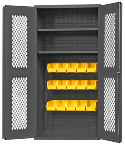 14 Gauge Lockable Ventilated Clearview Cabinet With 15 Yellow Hook On Bins & 2 Adjustable Shelves, Gray - 36 In.