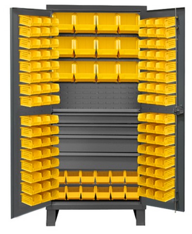 12 Gauge Recessed Door Style Lockable Cabinet With 120 Yellow Hook On Bins & 1 Fixed Shelf & 4 Drawers, Gray - 36 X 24 X 78 In.