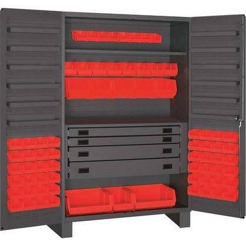 14 Gauge Flush Style 12 Door Shelves Lockable Cabinet With 72 Red Hook On Bins & Adjustable Shelf & 4 Drawers, Gray - 48 In.