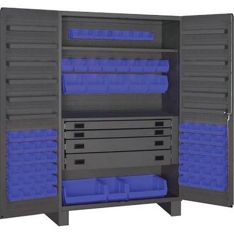 14 Gauge Flush Style 12 Door Shelves Lockable Cabinet With 72 Blue Hook On Bins & Adjustable Shelf & 4 Drawers, Gray - 48 In.