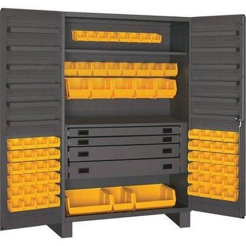 14 Gauge Flush Style 12 Door Shelves Lockable Cabinet With 72 Yellow Hook On Bins & Adjustable Shelf & 4 Drawers, Gray - 48 In.