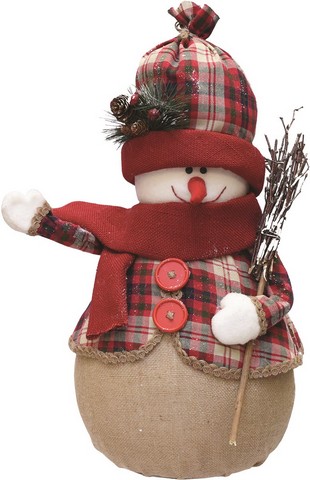 22 In. Red & Brown Plaid Snowman With Broom Scarf & Hat Table Top Christmas Figure