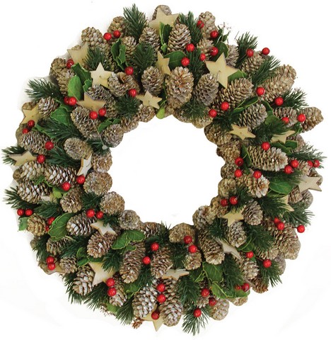 13 In. Artificial Pine Cone & Berry Christmas Wreath With Stars - Unlit