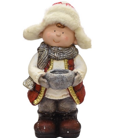 17 In. Standing Young Boy In Ski Hat With Candle Holder Winter Outdoor Patio Garden Statue