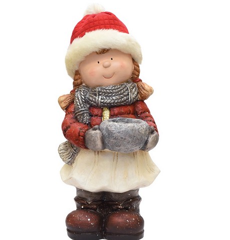 17 In. Standing Young Girl In Ski Hat With Candle Holder Winter Outdoor Patio Garden Statue