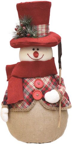 22.75 In. Red & Brown Plaid Snowman With Shovel Scarf & Top Hat Table Top Christmas Figure