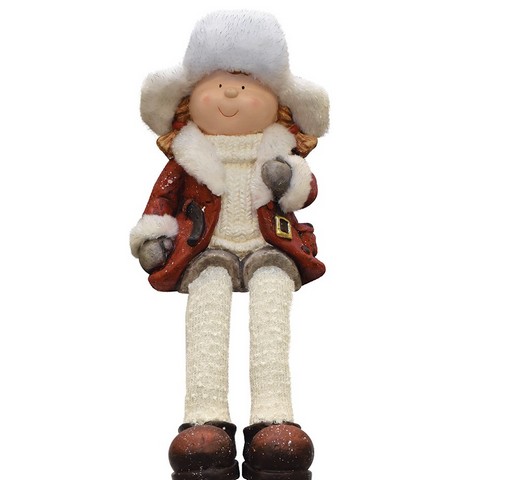19 In. Distressed Sitting Young Girl In Fur Trimmed Ski Hat Winter Outdoor Patio Garden Statue