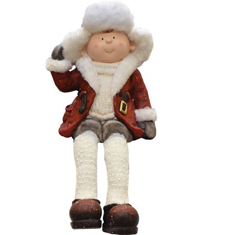 19 In. Distressed Sitting Young Boy In Fur Trimmed Ski Hat Winter Outdoor Patio Garden Statue