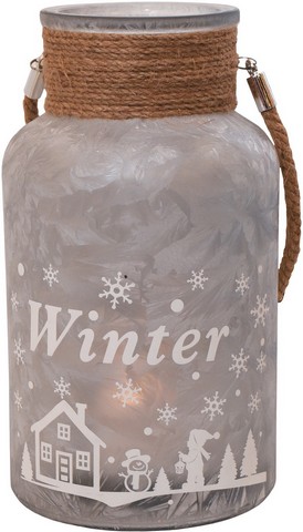 12 In. Silver White Iced Winter Scene Decorative Christmas Pillar Candle Holder Lantern With Handle