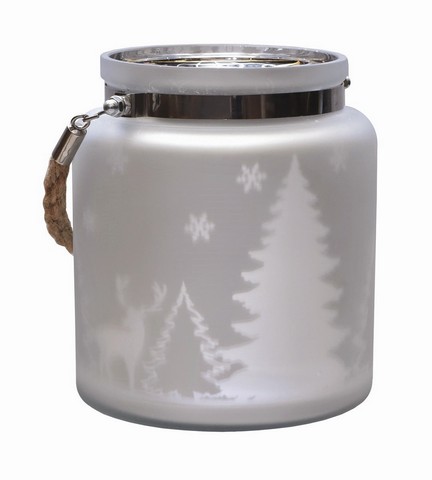 6 In. Matte Silver Winter Scene Decorative Christmas Pillar Candle Holder Lantern With Handle
