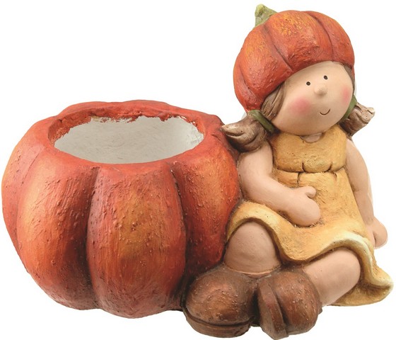 13.75 In. Fall Harvest Sitting Girl With Decorative Orange Pumpkin Pot Table Top Decoration