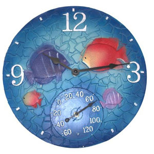 14 In. Tropical Mosaic Fish Clock With Thermometer