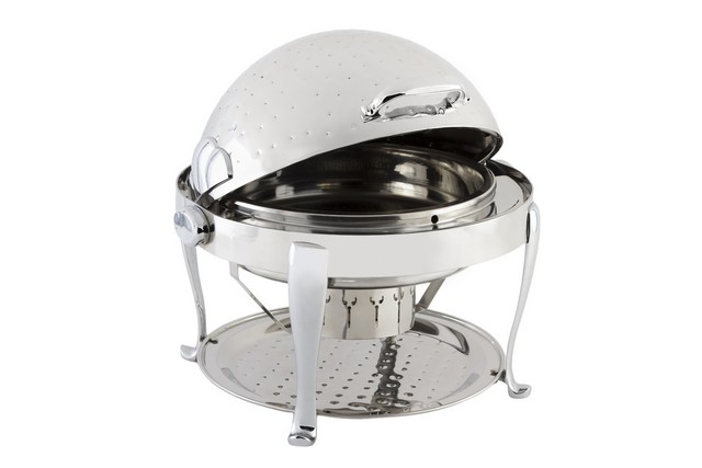 19000chh Stainless Steel Round Chafer With Roman Leg Chrome Trim & Hammered