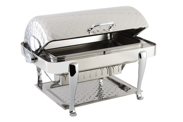 19040chh Stainless Steel Rectangular Chafer With Roman Leg Chrome Trim & Hammered