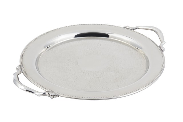 61334 13 In. Dia. Round Tray With Handle & Etching & Bead Border