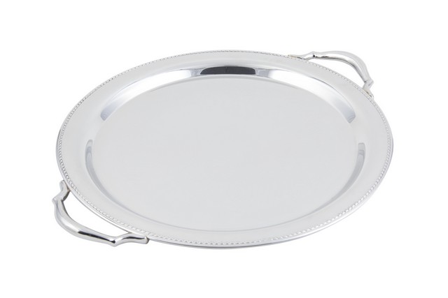 61335 15 In. Dia. Round Tray With Handle & Etching & Bead Border