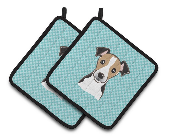 Bb1199pthd Checkerboard Blue Jack Russell Terrier Pair Of Pot Holders, 7.5 X 3 X 7.5 In.