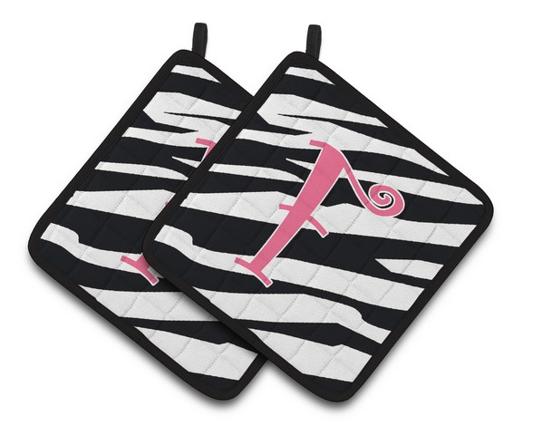 Cj1037-fpthd Monogram Initial F Zebra Stripe & Pink Pair Of Pot Holders, 7.5 X 3 X 7.5 In.