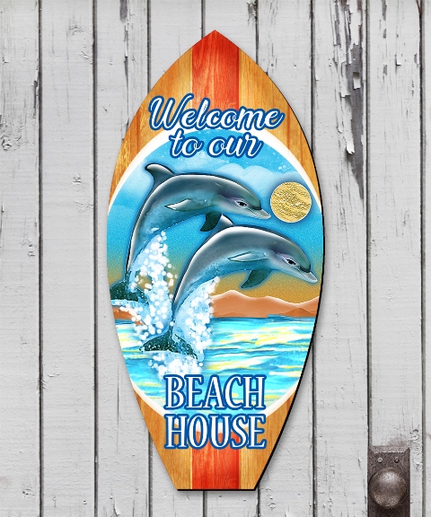 8114070h Welcome To Our Beach House Dolphins Surfboard Wooden Decorative Holiday Door Hanger - 24 X 12 X .25 In.