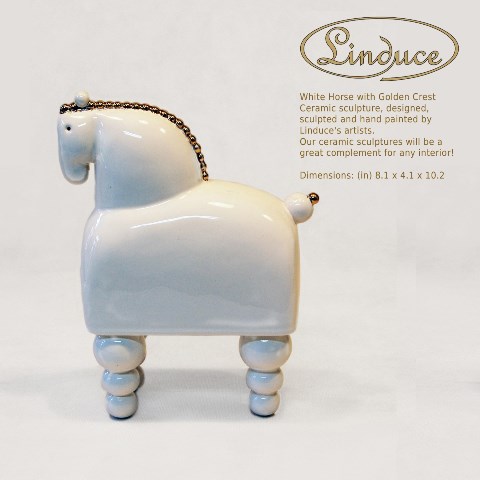 Nr 14 White Horse With Golden Crest Ceramic Sculpture