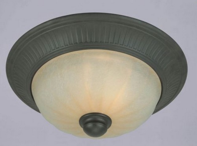 6689700 14 In. Two Light Indoor Flush Mount Ceiling Fixture, Weathered Bronze With Amber Mist