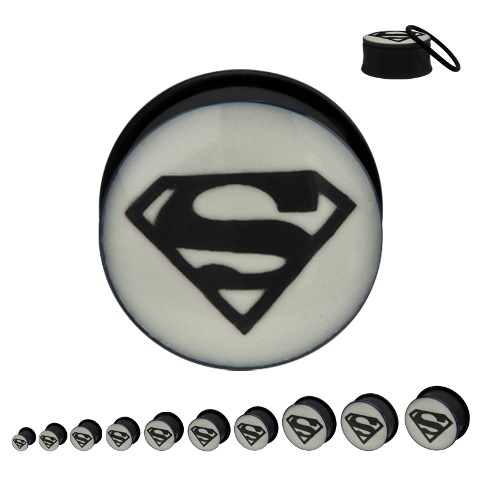 Supmuf01-716pr Screw Fit Acrylic Plugs With Glow In The Dark Superman Logo, Black - 0.43 In.