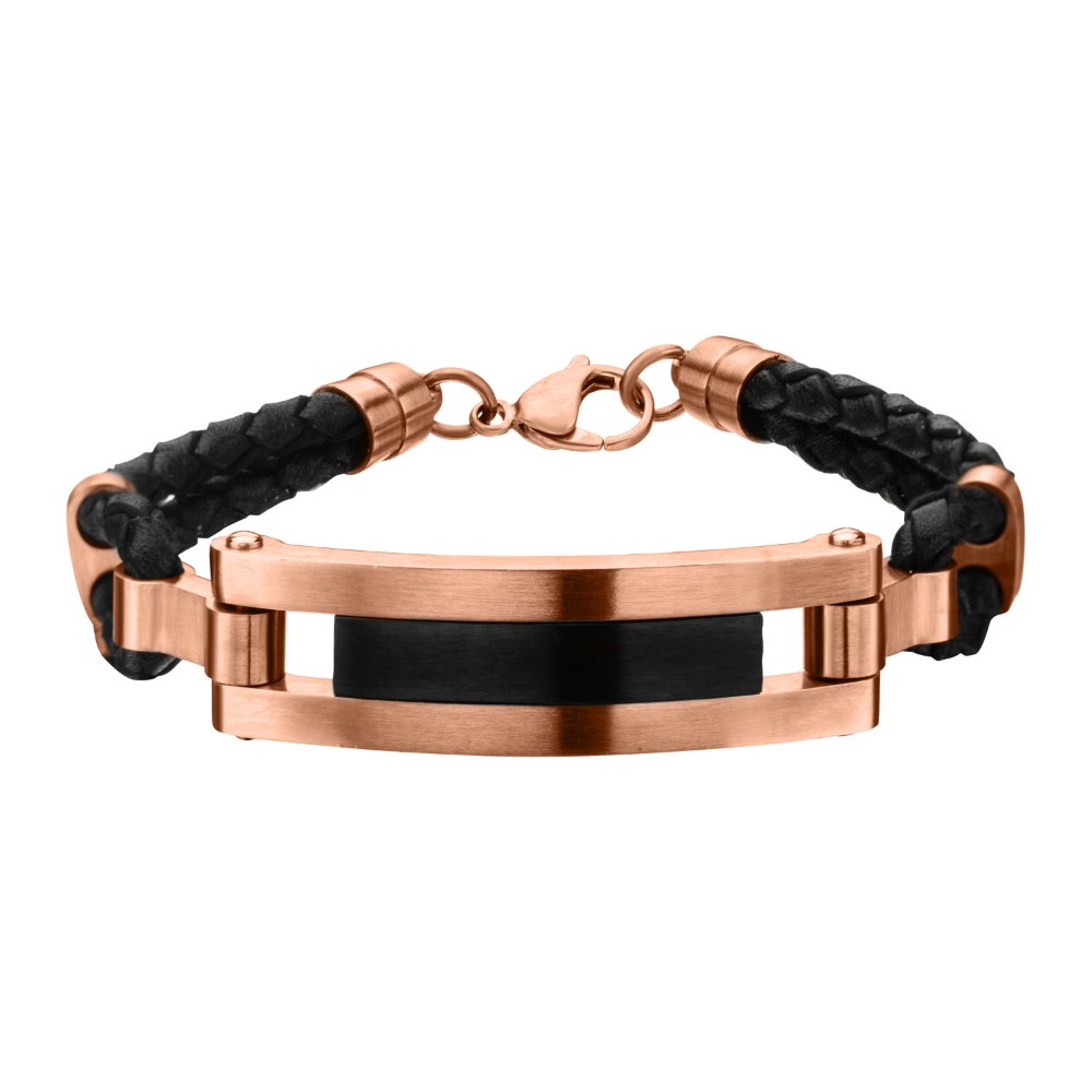 Jewelry Brra145 Id Leather Stainless Steel Bracelet With Lobster Clasp, Ip Rose Gold & Matte Black