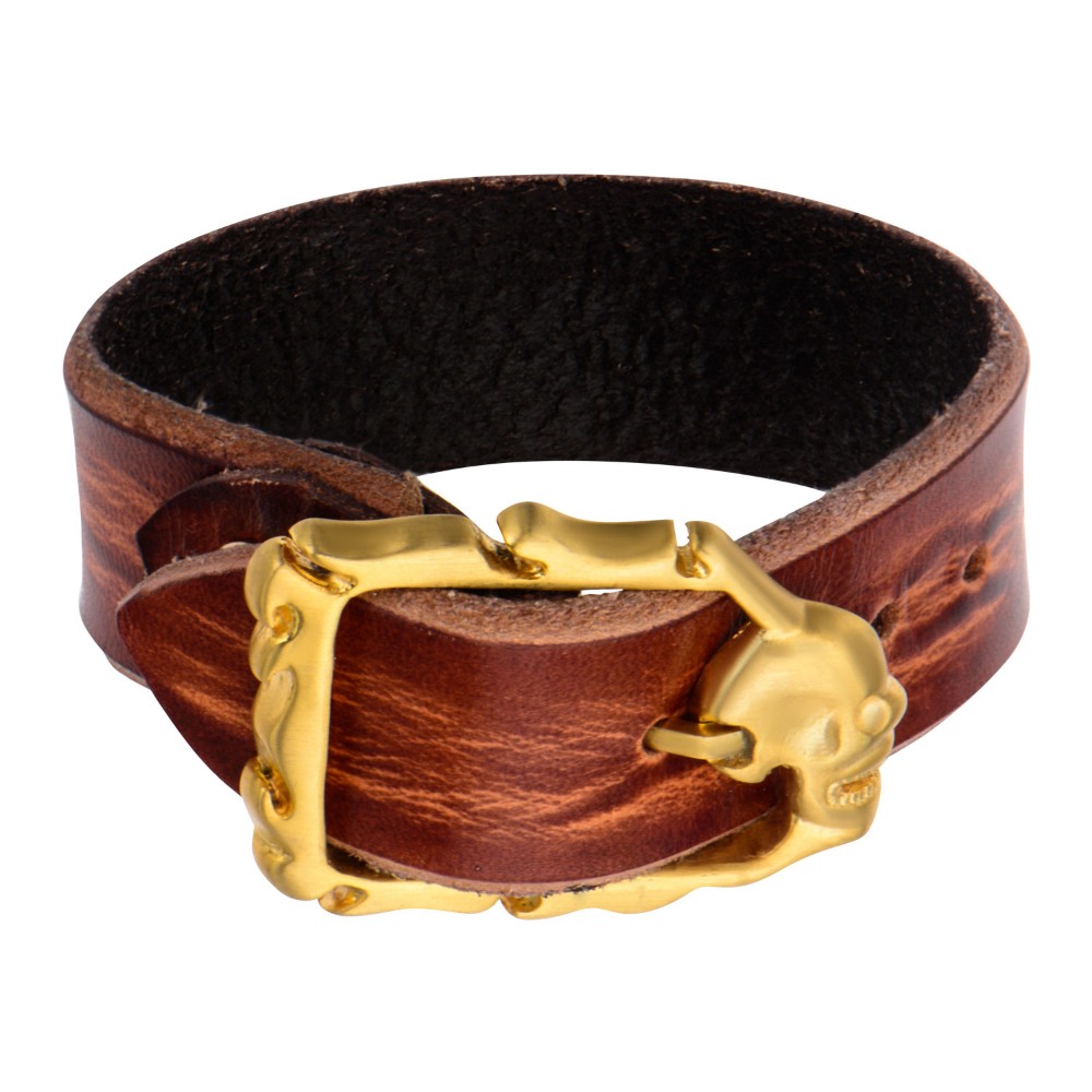 Jewelry Brralt9 Distressed Stainless Steel & Leather Bracelet With Skull Clasp, Matte, Brown & Ip Gold