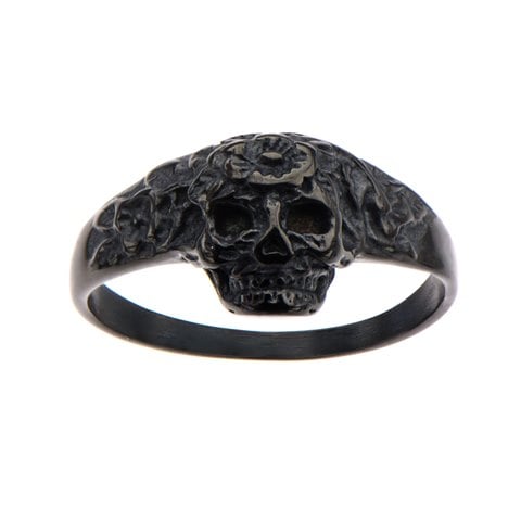 Jewelry Skull Stainless Steel With Flowers Ring - Ip Black - 9 In.