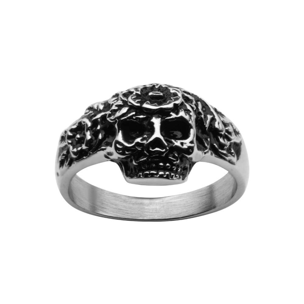 Jewelry Skull Stainless Steel With Flowers Ring - 9 In.