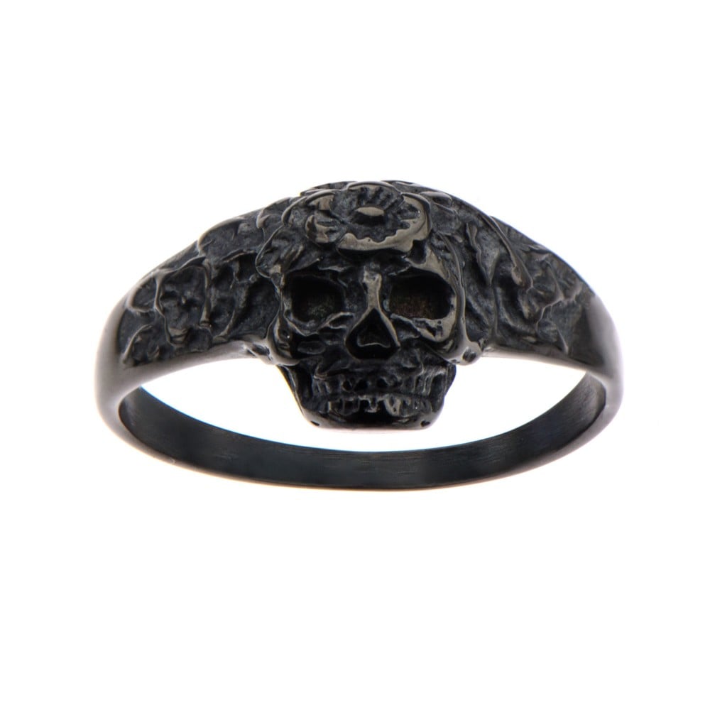 Skull Stainless Steel With Flowers Ring - Ip Black - 8 In.