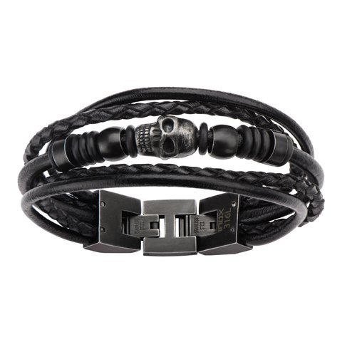 Multi Leather & Skull Beads Stainless Steel Bracelet, Black