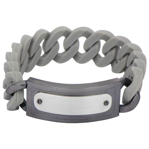 Silicone Curb Id Stainless Steel Bracelet, Grey - 19 Mm