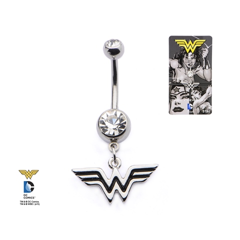 Cz Wonder Woman Logo 316l Stainless Steel Navel Charm, Clear - 0.43 In.