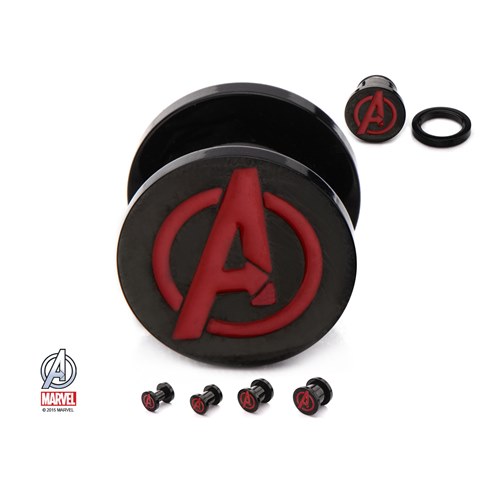 Avgrps07r-12pr Screw Fit Pvd Plated Stainless Steel Plugs With Enamel Avengers Logo, Black & Red - 0.5 In.