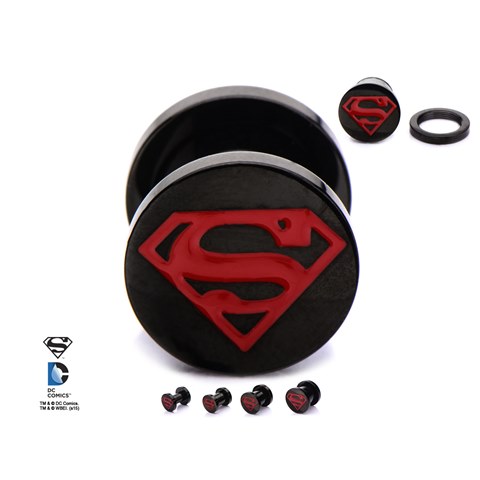 Supmps07r-4pr Screw Fit Pvd Plated Stainless Steel Plugs With Enamel Superboy Logo, Black & Red - 4g