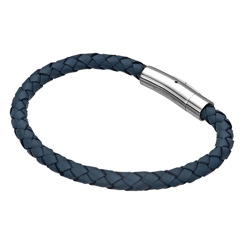 Single Braided Leather Stainless Steel Bracelet, Blue