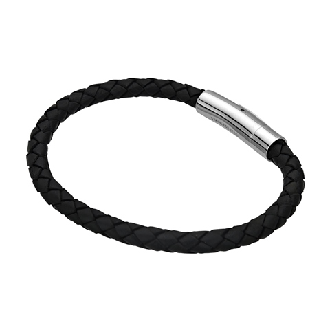 Single Braided Leather Stainless Steel Bracelet, Black