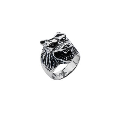 Oxidized Wolf Head Stainless Steel Ring - Black - 11 In.