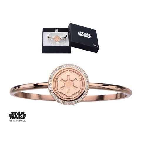 Swisczbr01 Pvd Plated Galactic Empire Symbol Stainless Steel Bracelet With Cz Bangle, Rose Gold