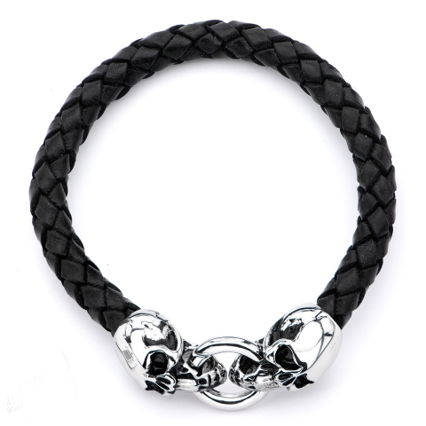Leather Stainless Steel Bracelet With Skulls, Black