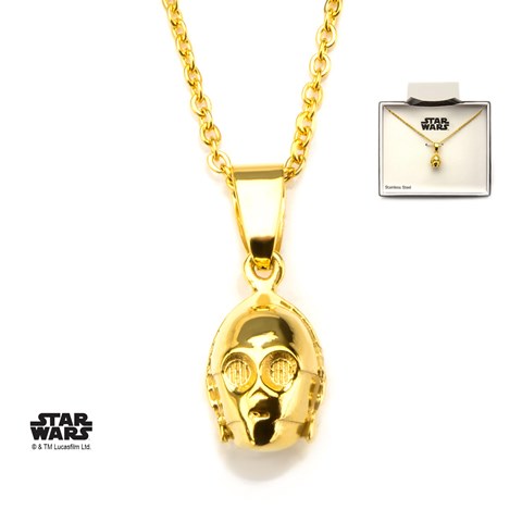 Swc33dpnk01 Pvd Plated C-3po 3d Stainless Steel Pendant With Chain, Gold