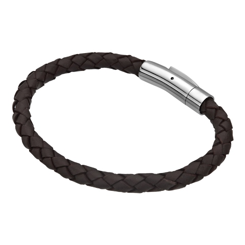 Single Braided Leather Stainless Steel Bracelet, Dark Brown