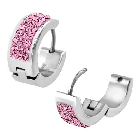Light Crystal In Huggies Stainless Steel Gem Earrings, Light Pink - 14 Mm